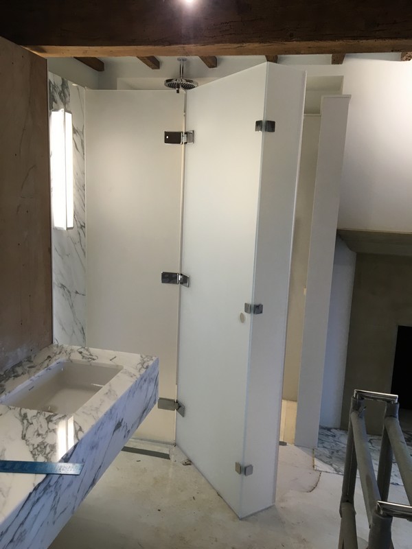Bespoke frosted glass shower enclosure in Coulsdon luxury bathroom